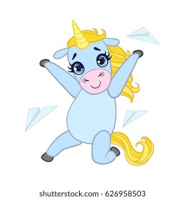 Cartoon light blue unicorn with paper planes. Colorful vector character