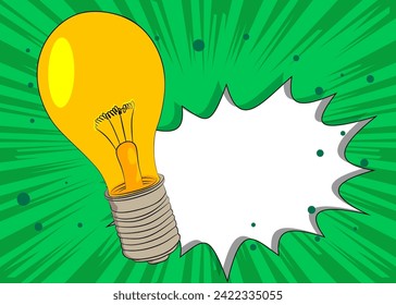 Cartoon Light Bulb with blank speech bubble, comic book Ideas background. Retro vector comics pop art design.