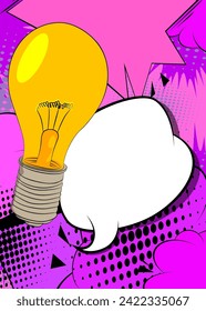 Bombilla de caricatura con burbuja de habla en blanco, fondo de historieta Ideas. Comics vectoriales retro diseño de arte pop.