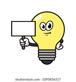 Cartoon Light Bulb Character With Blank Sign