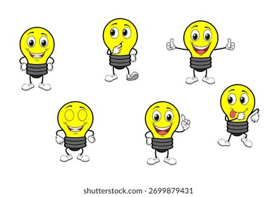 Desenho Animado Design de Caracteres Lâmpada, Ilustração de Caracteres Lâmpada de Cor Amarela, Simples, Expressões, Design de Vetor