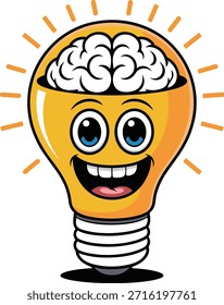 El personaje de la bombilla de dibujos animados con el cerebro abierto y la expresión sonriente simboliza ideas innovadoras, inteligencia y soluciones creativas con personalidad.