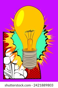 Bombilla de caricatura, libro de historietas Idea. Comics vectoriales retro diseño de arte pop.