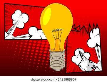 Cartoon Light Bulb, comic book Idea. Retro vector comics pop art design.