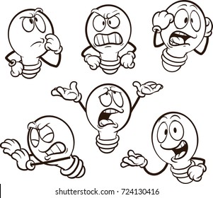 Cartoon light bulb with different expressions. Vector clip art illustration. Each on a separate layer. 