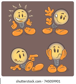 Cartoon light bulb in different poses. Vector illustration. 