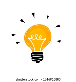 cartoon light bulb. flat style vector illustration. doodle hand drawing. Creative thinking, ideas. design for t-shirt print, design element poster, banner