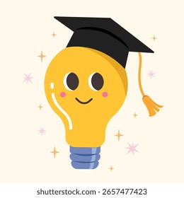 Cartoon Glühbirne mit Graduierung Cap Konzept.  Bildung und Wissensgestaltung.