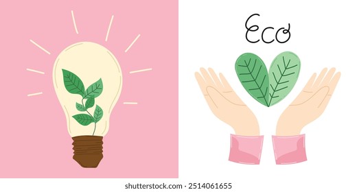 Cartoon light bulb with green sprout inside, hands hold heart of green leaves set illustrations. Renewable green energy, recycling and upcycling - trendy eco concept. For ecological platforms, posters