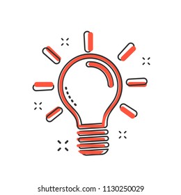 Cartoon light bulb icon in comic style. Idea sign illustration pictogram. Lightbulb business concept.