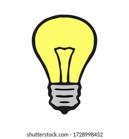 Cartoon light bulb icon. Vertical view. Hand drawn vector graphic illustration. Isolated object on a white background. Isolate.