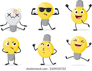 Cartoon light bulb, set of Cute characters, Isolated on white background