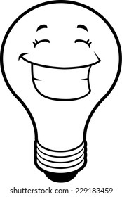 A cartoon light bulb smiling and happy.