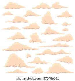 Cartoon light clouds on a white sky background. Set of isolated funny cartoon clouds, smoke and fog patterns icons, for filling your sky scenes or the game interface backgrounds