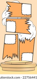 Cartoon light orange colored product podium stage. High comic book mockup presentation. Marketing, Sale banner template.