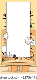 Dibujo en la fase de podio del producto de color naranja claro. Presentación de burla de historietas de alto nivel. Marketing, plantilla de banner de venta.