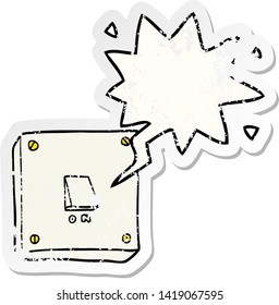 interruptor de luz de dibujos animados con pegatina antigua angustiada de burbuja de habla