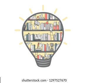 Cartoon lightbulb with bookshelves inside. Doodle cute scene of workers with many books. Hand drawn vector illustration for creative and education design.