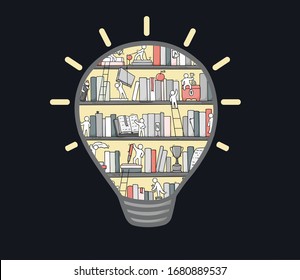 Cartoon lightbulb with bookshelves inside. Doodle cute scene of workers with many books. Hand drawn vector illustration for creative and education design.