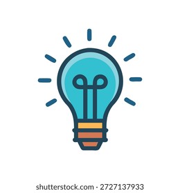 Lâmpada de desenho animado emite luz com tons azul e azul. Design plano contra fundo branco com estética limpa e simples.