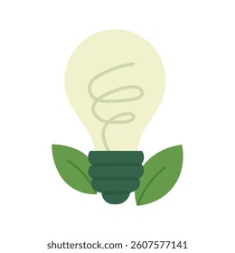 Cartoon lightbulb with green leaves. Symbol of sustainable energy and eco-friendly innovation.