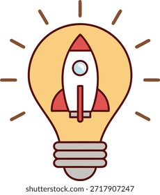 Bombilla de dibujos animados con la nave cohete dentro de la idea y el concepto de innovación