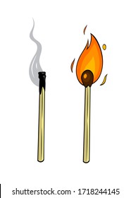 Cartoon lighted match and burnt match on white background. Great illustration for your design.