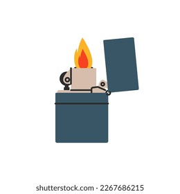 Cartoon lighter. Abstract gasoline cigarette lighter with fire, smoker tool with flame. Vector illustration