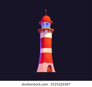 Cartoon farol farol beacon edifício. Marinheiro náutico vetor com janela de vidro e listras vermelhas ou brancas. Torre de holofote de vela de segurança marítima para orientação marítima, arquitetura de navegação marítima