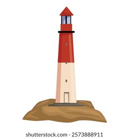 Cartoon lighthouse guiding ships with its light beam