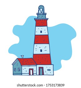 Cartoon lighthouse. Hand drawn colorful vector sketch illustration