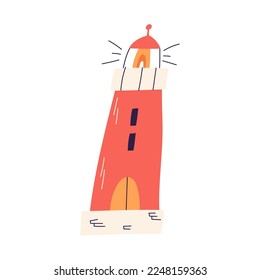 Cartoon lighthouse, hand drawn flat vector illustration isolated on white background. Cute lighthouse drawing. Concepts of navigation, vacation, travel and harbor.