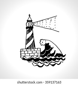 Cartoon Lighthouse. Hand drawn sketch illustration. Vector format 