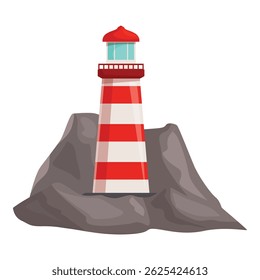 Cartoon lighthouse illuminating the sea, providing safety for ships and boats