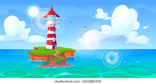 Cartoon lighthouse landscape with red and white striped beacon standing on grassy cliff island in turquoise sea. Bright sunny scene with winding path, flying birds, fluffy clouds, glowing lens flares.