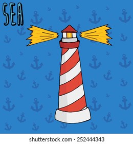 Cartoon lighthouse with lights, red-white strips and anchors background.