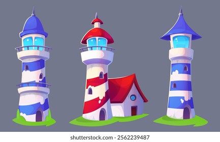 Cartoon lighthouse for maritime game design - white, red and blue striped beacon with glowing windows and observation decks. Harbor building with cozy house near central tower. Nautical navigation set