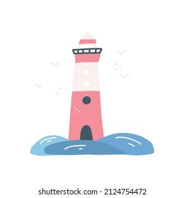 Cartoon Lighthouse Near The Sea And Seagulls. Cute Illustration For Childrens Book, Activity, Nursery Prints