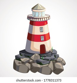 Cartoon lighthouse on a rock on a white background. Vector illustration.