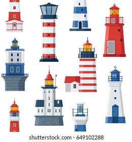 Cartoon lighthouse pattern. Red and blue sea guiding light houses seamless background. Sea pharos or beacon maritime backdrop. Vector searchlight towers of different types.