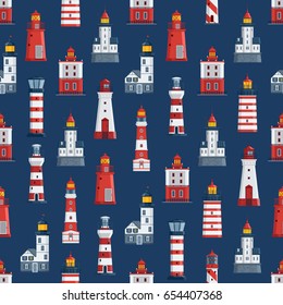 Cartoon lighthouse pattern. Red and blue sea guiding light houses seamless background. Sea pharos or beacon maritime backdrop. Vector searchlight towers of different types.