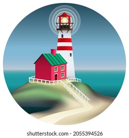 cartoon lighthouse with red house illuminates the path on seashore. landscape. ocean shore with nautical navigation tower. circle icon. vector illustration