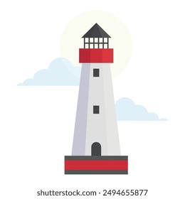 Cartoon lighthouse with red and white stripes guiding ships safely at sea under a clear blue sky. Flat vector illustration of naval architecture