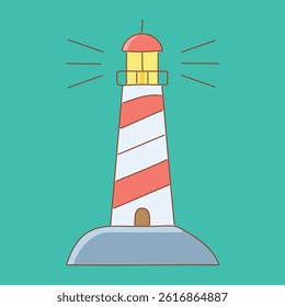 A cartoon lighthouse, with red and white stripes, stands on a teal background. The lighthouse is depicted in a simple, child-friendly style.