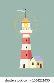 Cartoon lighthouse in a scandinavian style. Vector illustration. Perfect for play room design and posters for your kid's room.