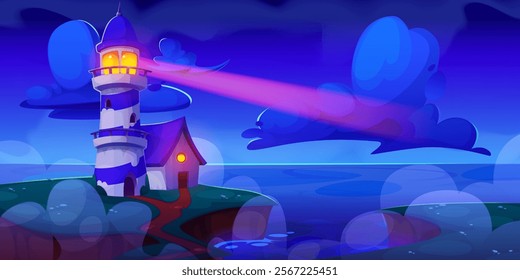 Cartoon lighthouse scene at night with illuminated beacon sending bright beam across dark sky. Coastal tower with small house and glowing window on seaside cliff. Dusk maritime childish background.