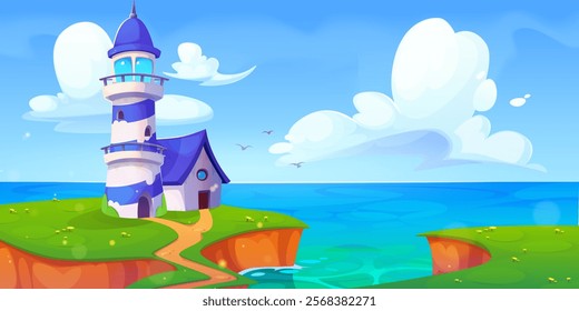 Cartoon lighthouse scene at seaside cliff - blue striped beacon with observation deck, small cottage, winding path through green meadow, blue ocean views. Bright summer landscape with navigation tower