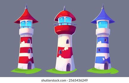 Cartoon lighthouse set - red and blue striped banded beacons with pointed roofs, glass observation decks, glowing windows. Maritime navigation towers on grassy islands for game or children design.