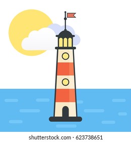 cartoon lighthouse and sun and sea