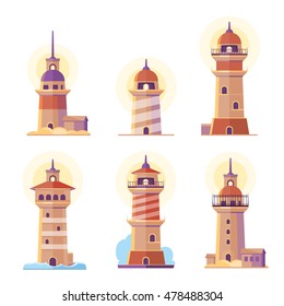 Cartoon lighthouse vector cartoon icons. Sea beacon for navigation illustration